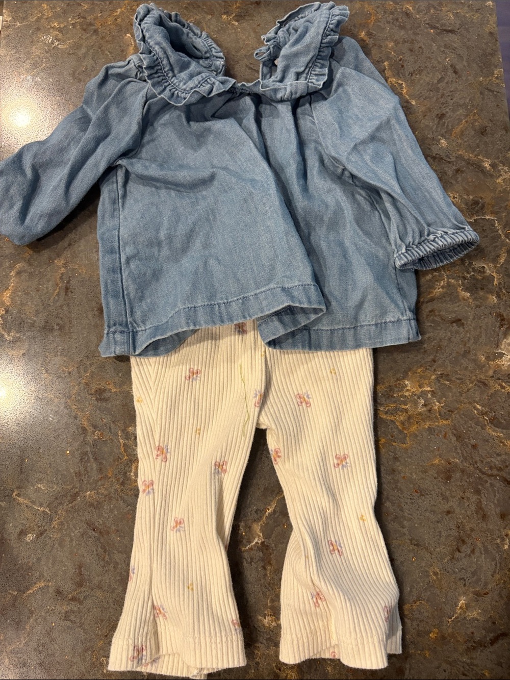 Baby GAP Light Blue Ruffled Denim-Look Top with Cream Floral Ribbed Pants